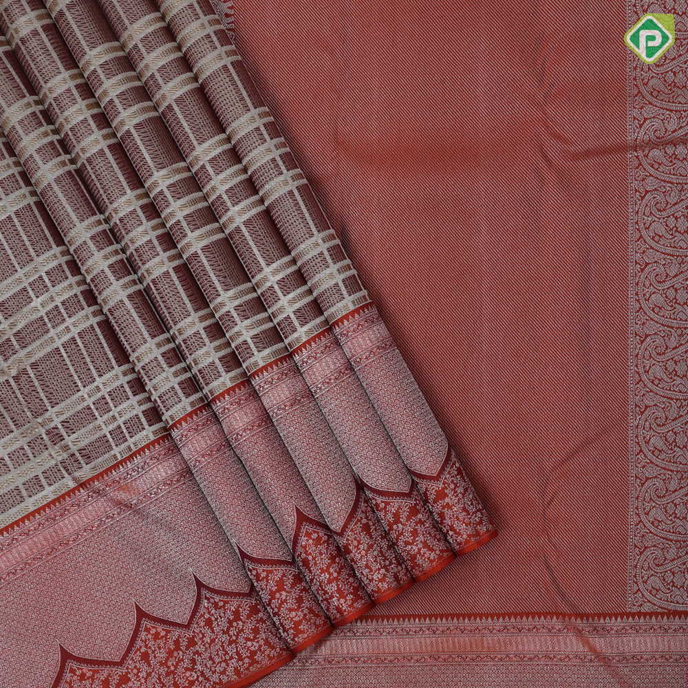 brown with beige silver zari checks window panel brick orange arch and floral design border trendy designer silk saree