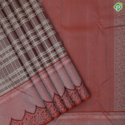 brown with beige silver zari checks window panel brick orange arch and floral design border trendy designer silk saree