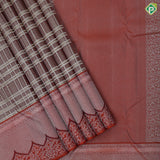 brown with beige silver zari checks window panel brick orange arch and floral design border trendy designer silk saree