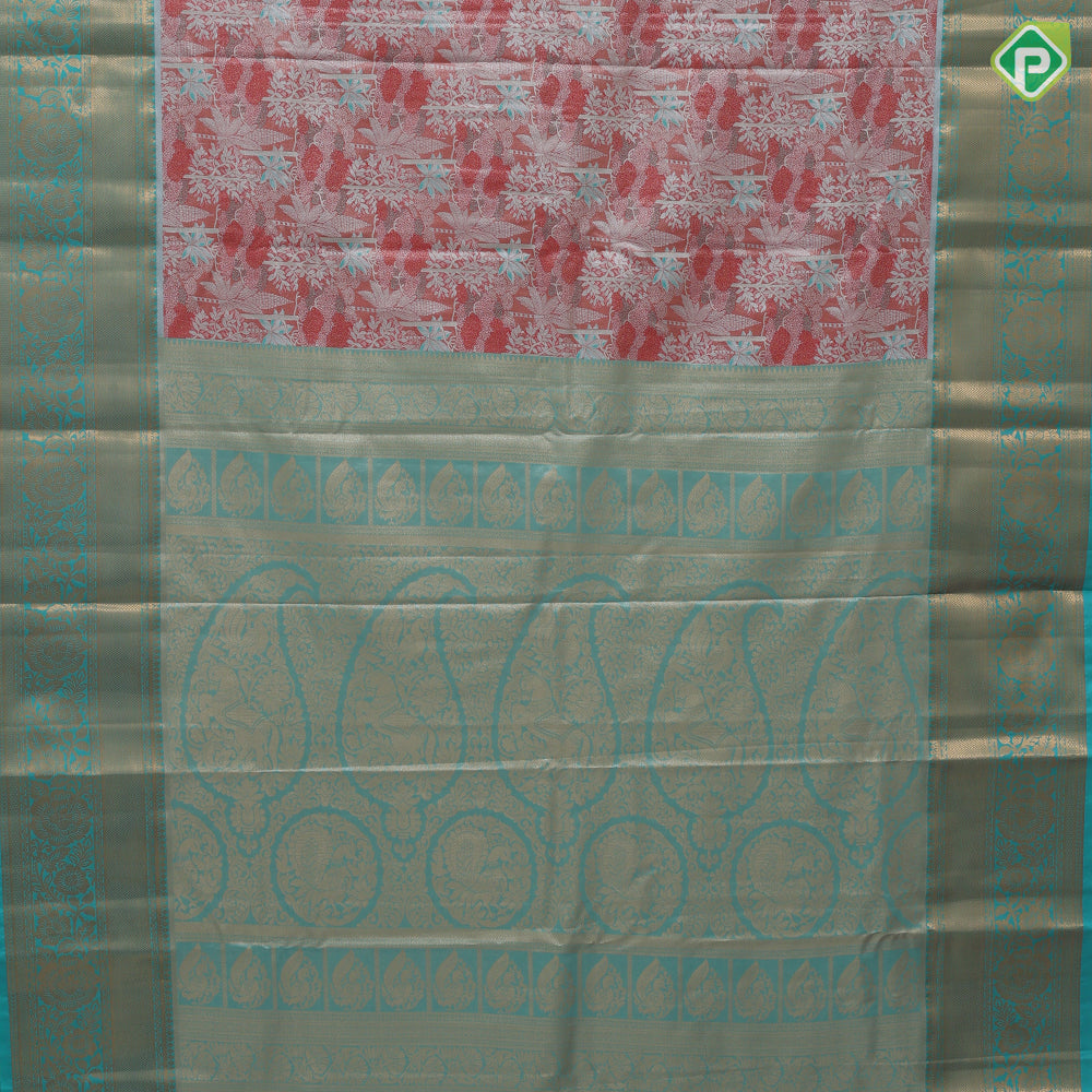 Orangish pink silver zari painting design rexona green gold zari flower butta border tissue art silk saree
