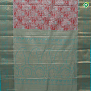 Orangish pink silver zari painting design rexona green gold zari flower butta border tissue art silk saree