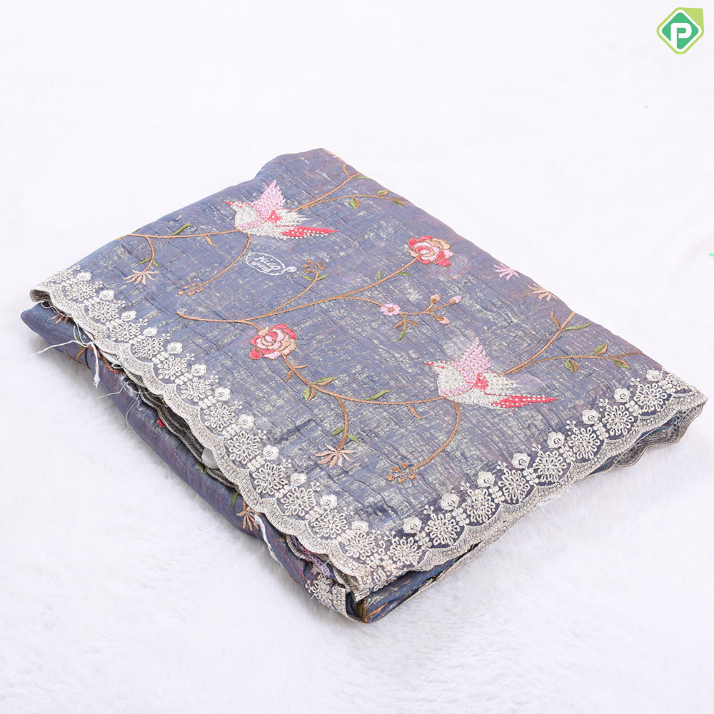 Porpoise grey tissue effect floral embroidered design edge cut work border Holly wood fancy saree