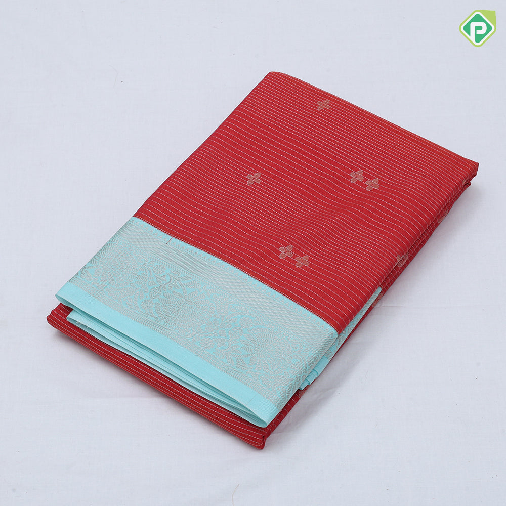 Tomato red gold zari lines and star butta design sky blue neem zari rangoli border art silk saree