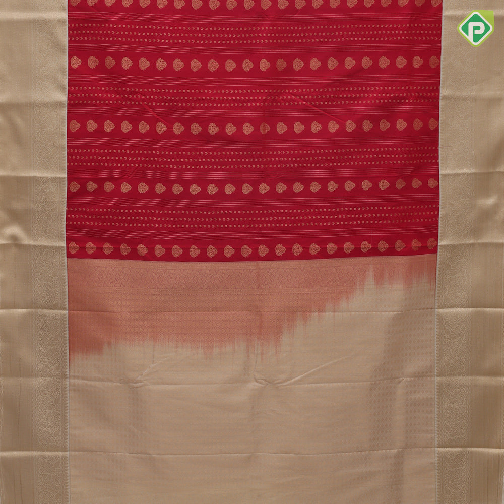Rani red gold zari Stripes Thilagam stripes design sandal gold zari rangoli design border art silk saree