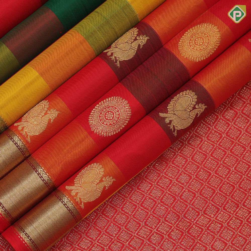 Multi color paalum pazhamum checks gold zari butta self gold zari edge border traditional silk saree