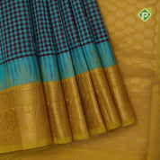 Green base Multi color checked grand pallu Lemon green gold zari koorvai temple border silk cotton saree