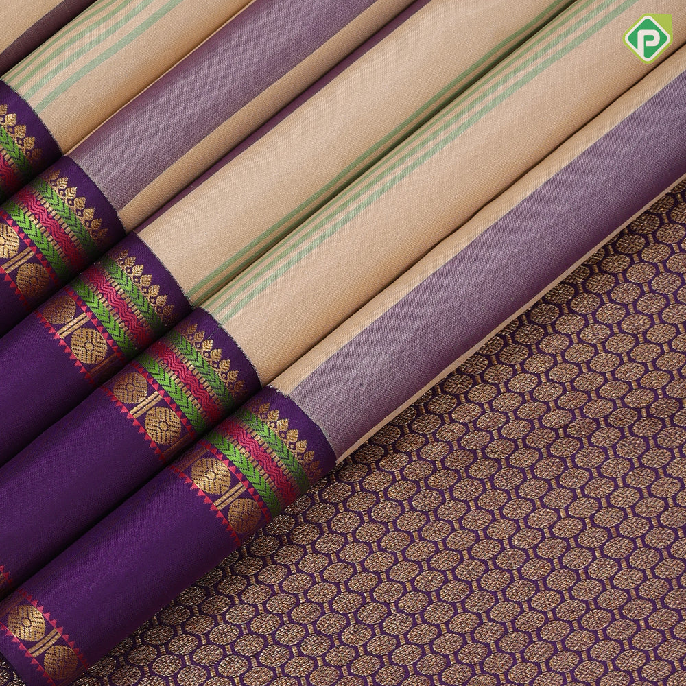 Sandal multi color multi stripes design blue and green gold zari thread work retta pett paalum pazhamum border traditional silk saree