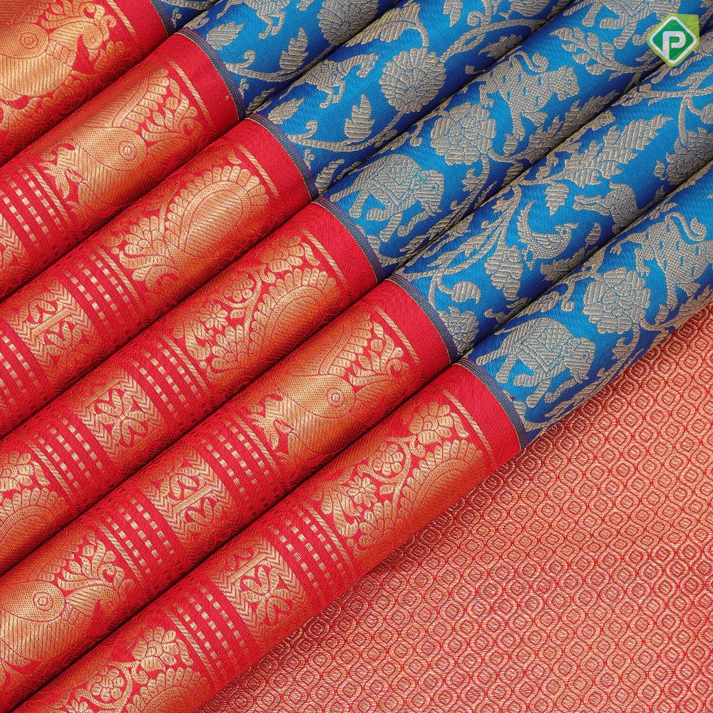 Peacock blue gold zari vanasingaram design rani red gold zari peacock butta lines border exclusive bridal silk saree