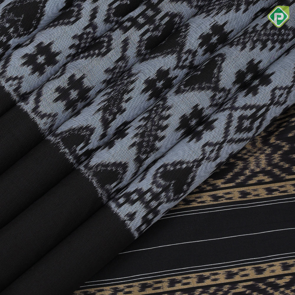 silver grey base black ikkat design black plain border ikkat design silk saree