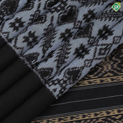 silver grey base black ikkat design black plain border ikkat design silk saree