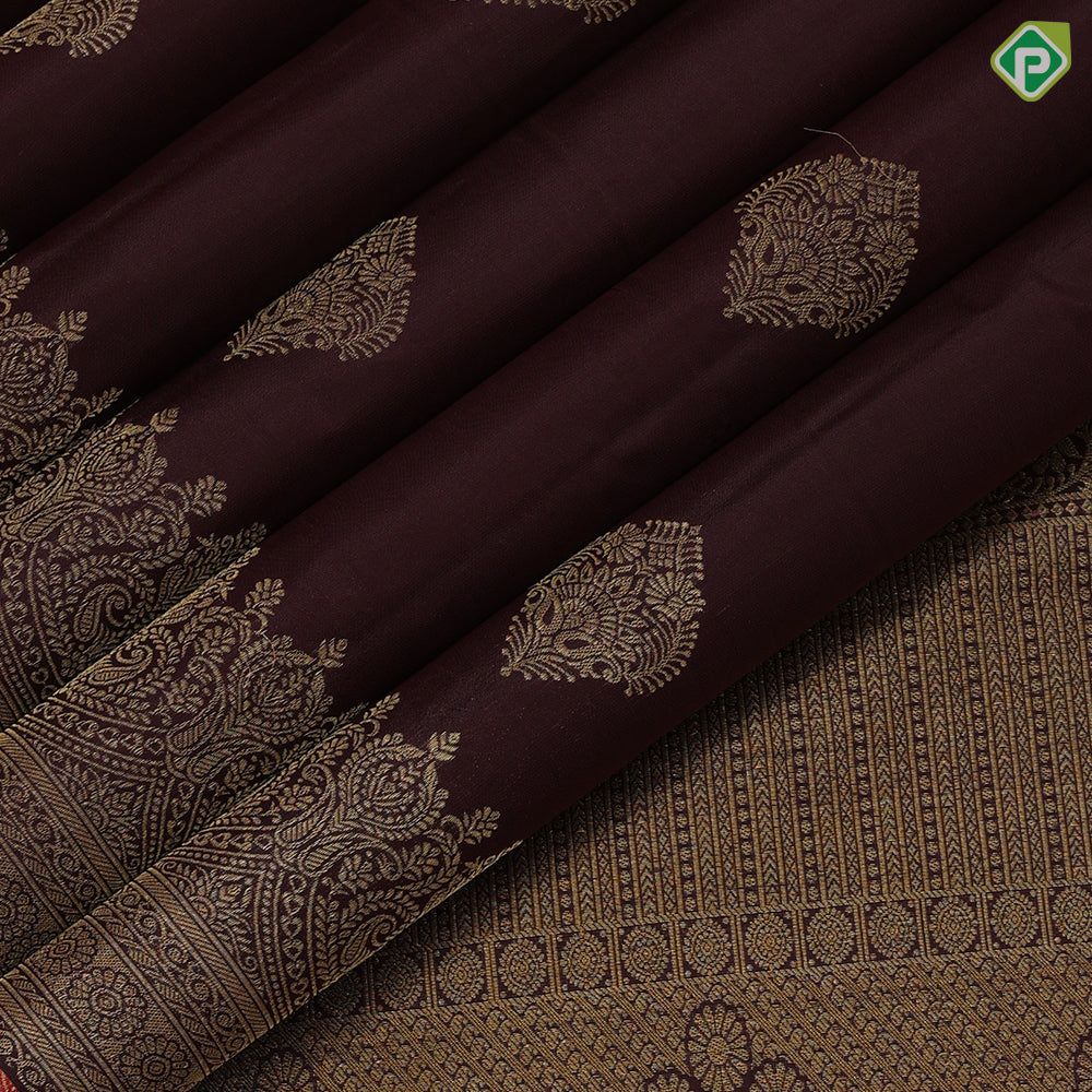 brown gold zari leaf butta motif self gold zari peacock banaras style design edge border gift silk saree