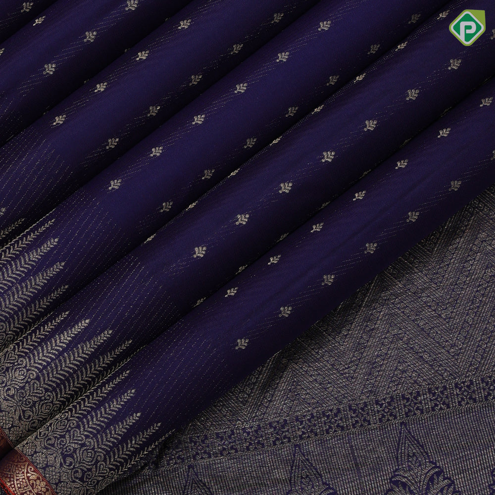 Indigo blue gold zari small butta lines design self with fancy design edge border gift silk saree