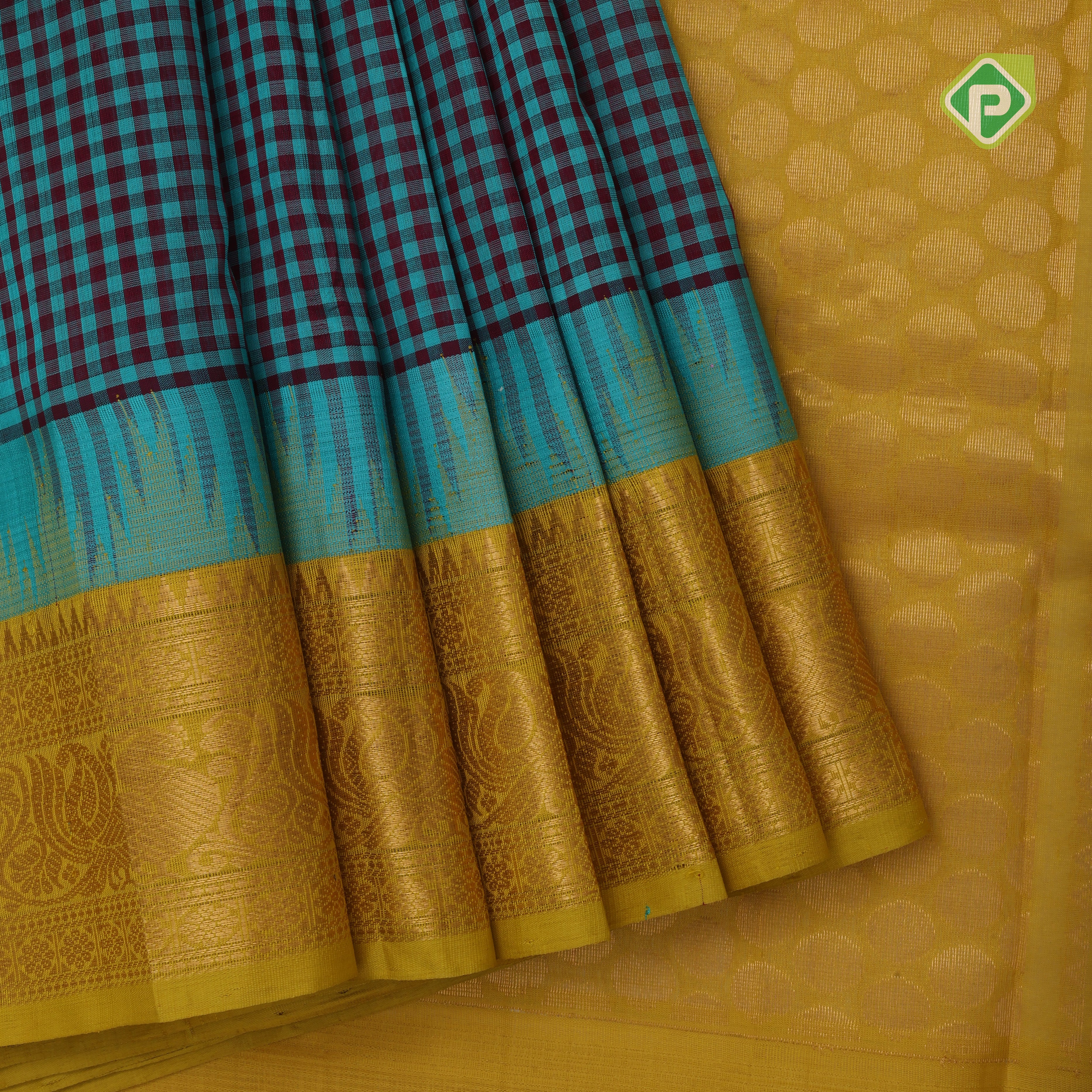 Rama blue base Multi color checked grand lemon green red gold zari koorvai temple border silk cotton saree
