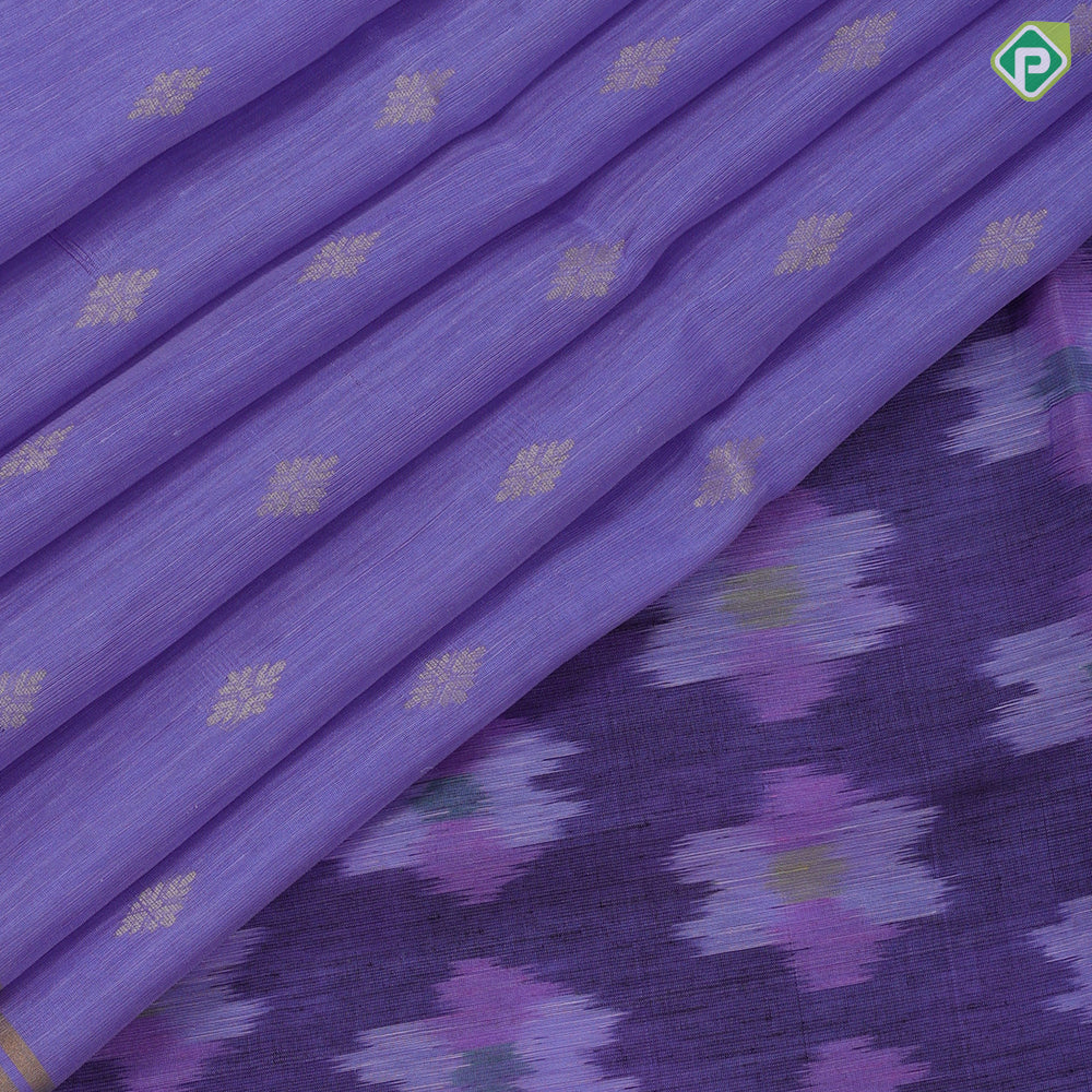 Lavender gold zari diamond shape flower butta motifs self gold zari lines border ikkat design pallu linen soft silk saree