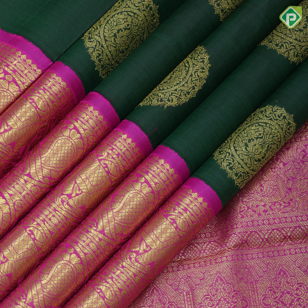 Bottle Green Gold Zari Thambulam Butta Design Pink Elephant Ruthracham Border Design Traditional Silk Saree
