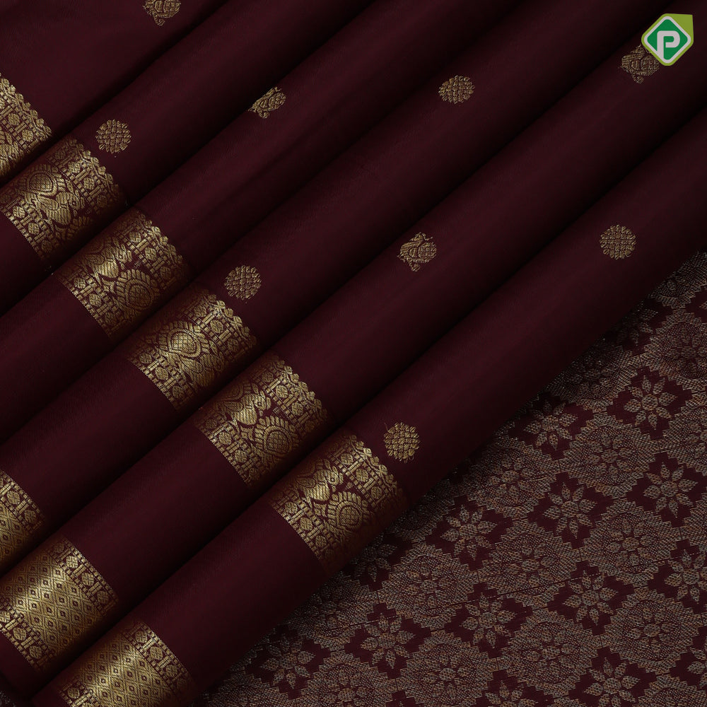 Dark Maroon Gold Zari Peacock Chagaram Butta Design Double Border Ruthracham Peacock Mayilkan Border Design Traditional Silk Saree