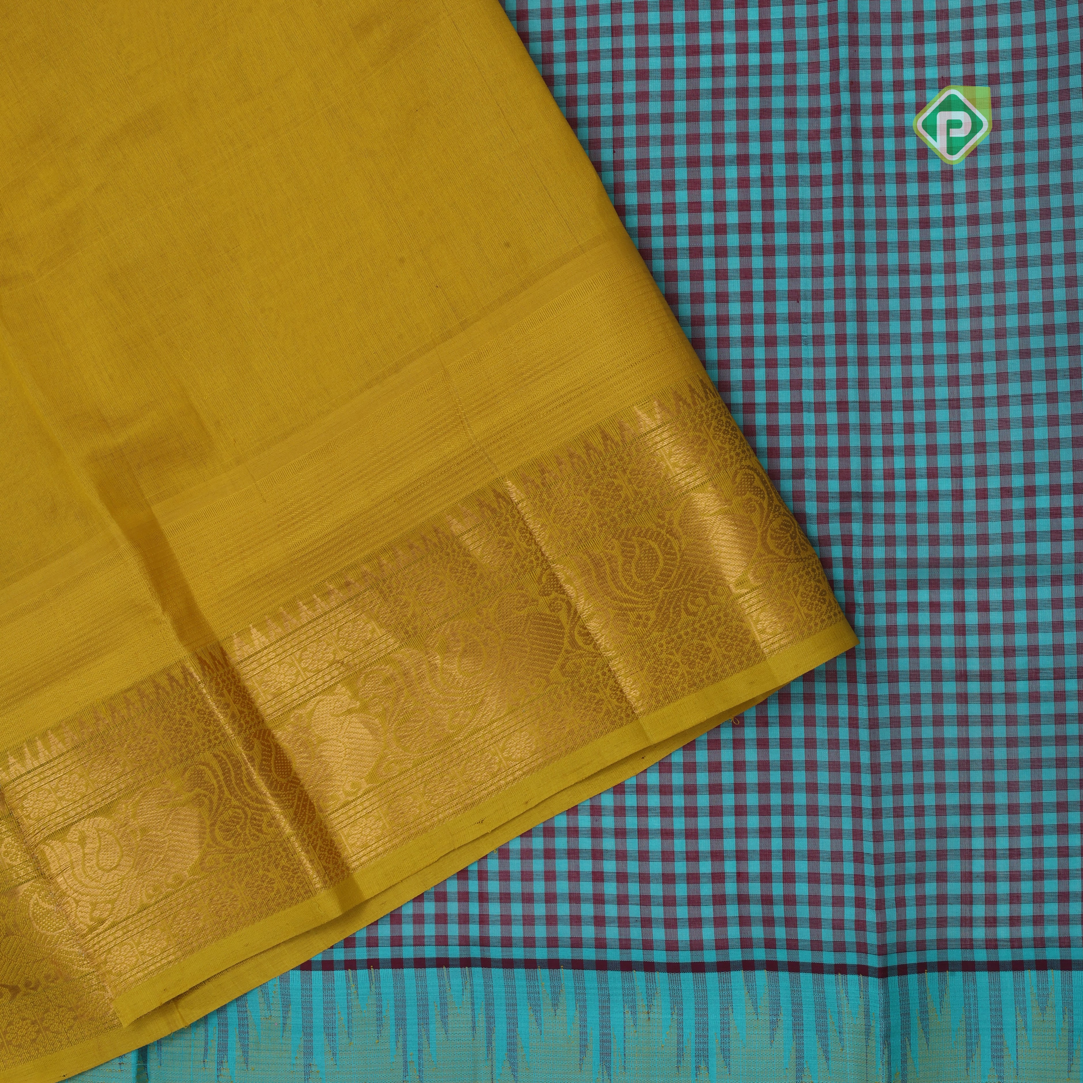 Green base Multi color checked grand pallu Lemon green gold zari koorvai temple border silk cotton saree