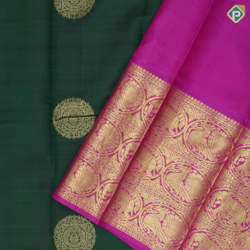 Bottle Green Gold Zari Thambulam Butta Design Pink Elephant Ruthracham Border Design Traditional Silk Saree