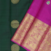 Bottle Green Gold Zari Thambulam Butta Design Pink Elephant Ruthracham Border Design Traditional Silk Saree
