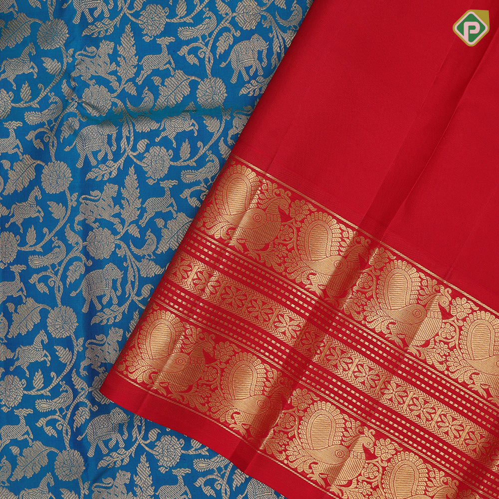 Peacock blue gold zari vanasingaram design rani red gold zari peacock butta lines border exclusive bridal silk saree