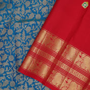 Peacock blue gold zari vanasingaram design rani red gold zari peacock butta lines border exclusive bridal silk saree
