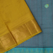 Rama blue base Multi color checked grand lemon green red gold zari koorvai temple border silk cotton saree