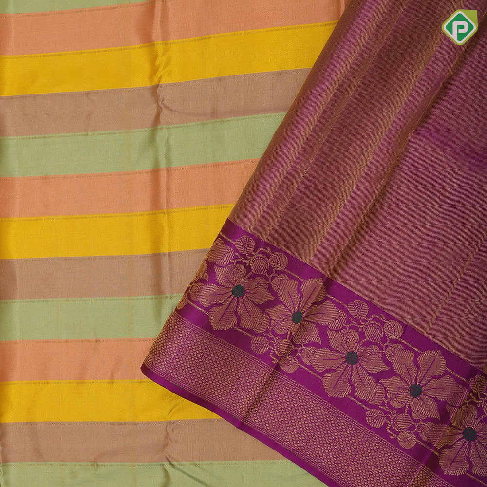 Multi color lines design contrast purple gold zari floral meena work border Trendy designer silk saree