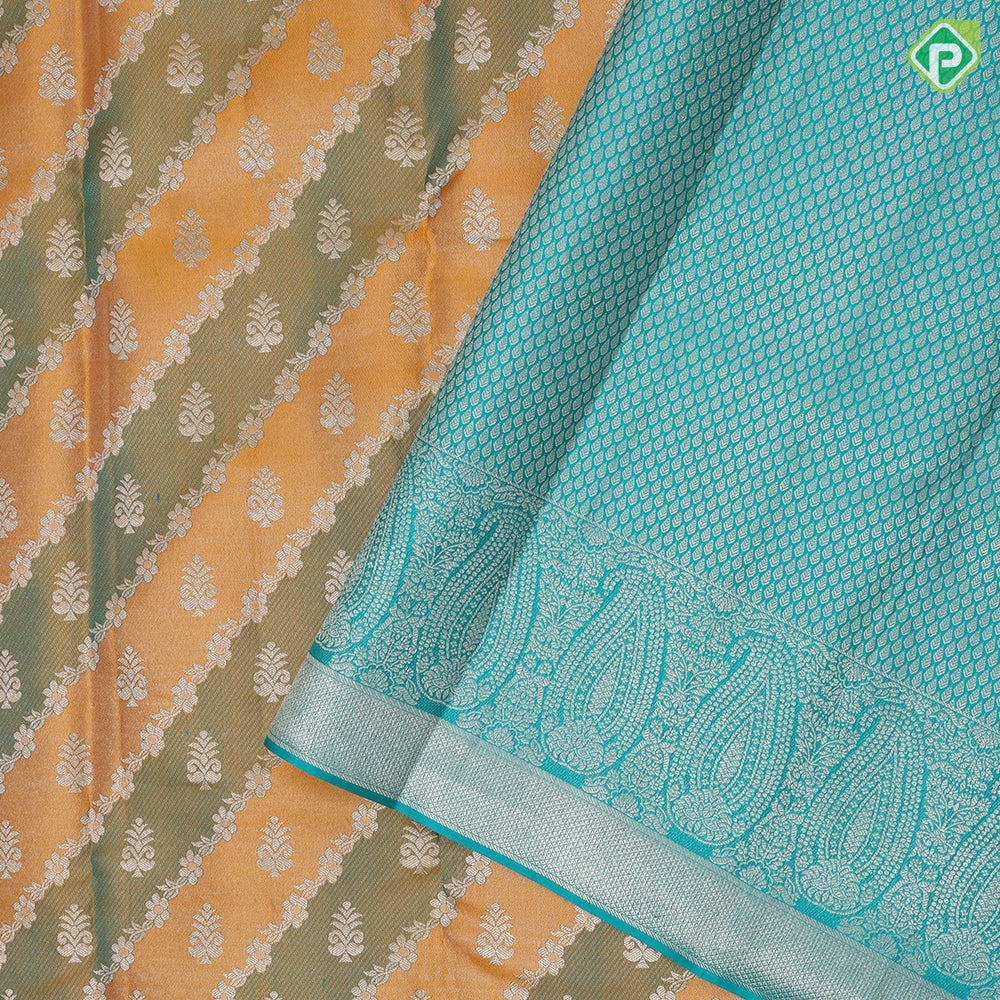Golden yellow base silver gold zari grand floral creeper design sea green silver gold zari mango border Rangkat silk saree