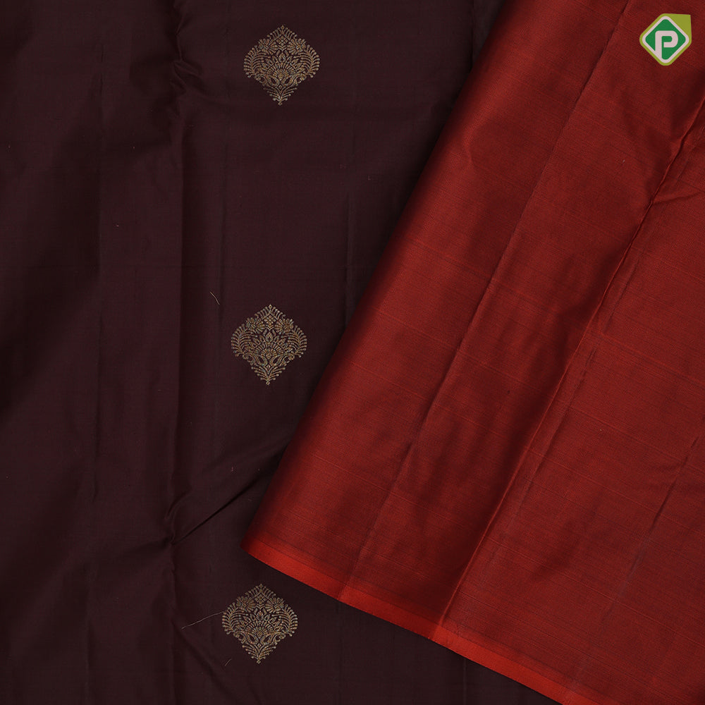 brown gold zari leaf butta motif self gold zari peacock banaras style design edge border gift silk saree