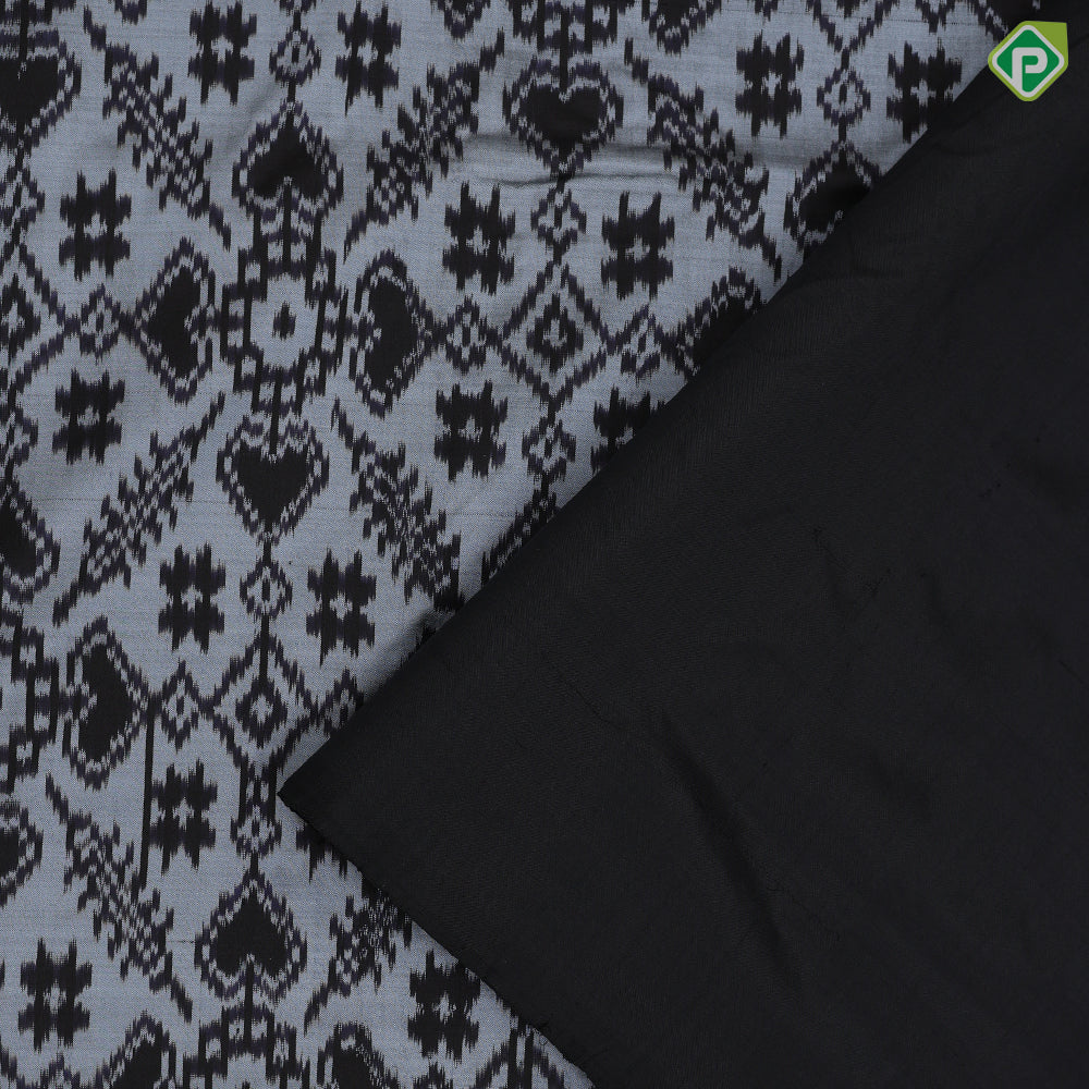 silver grey base black ikkat design black plain border ikkat design silk saree