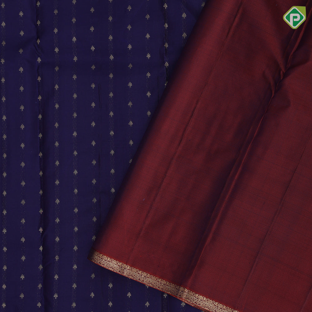 Indigo blue gold zari small butta lines design self with fancy design edge border gift silk saree