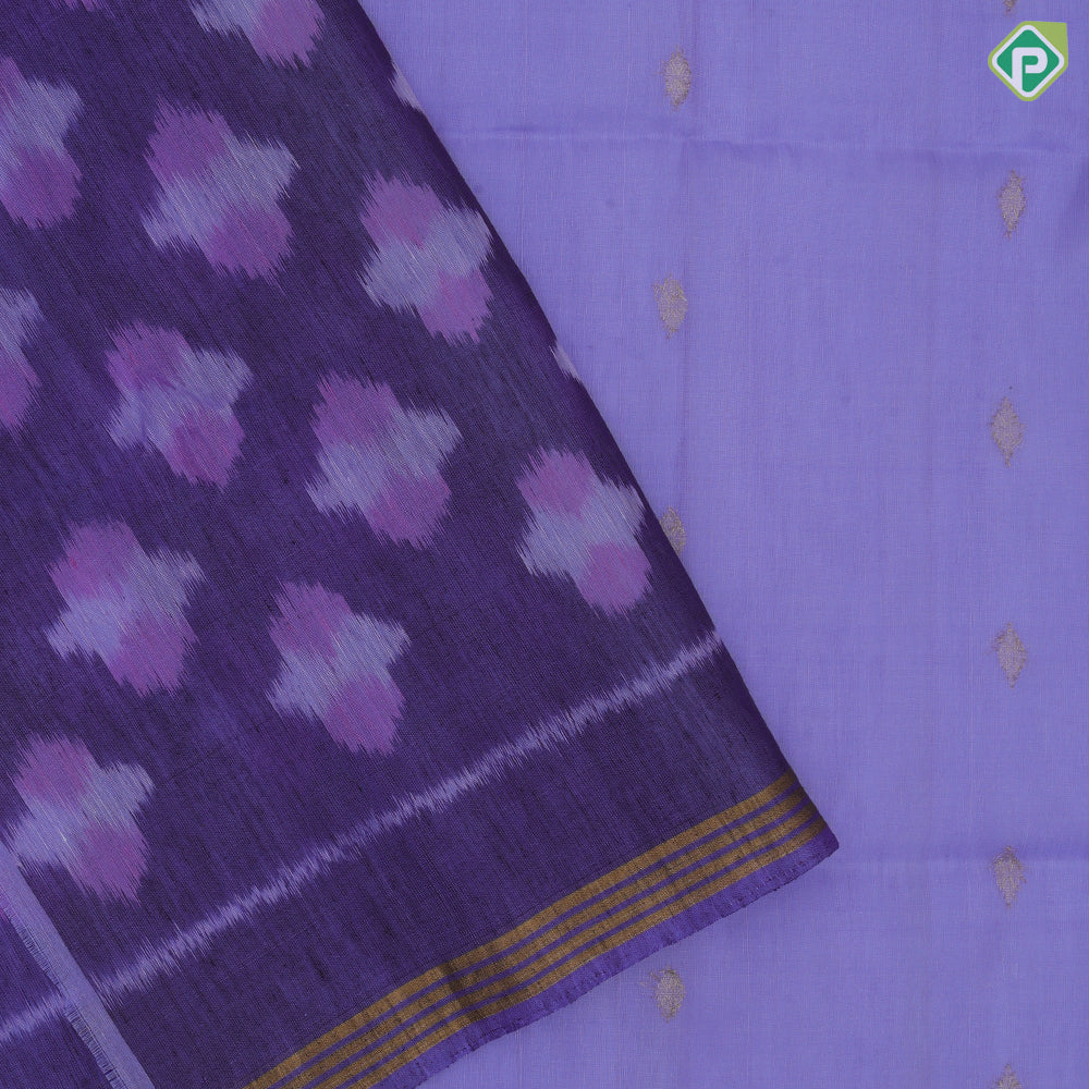 Lavender gold zari diamond shape flower butta motifs self gold zari lines border ikkat design pallu linen soft silk saree