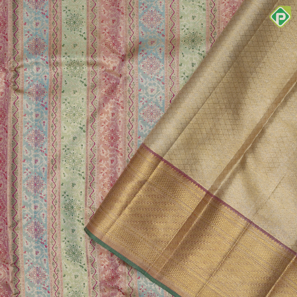 golden base multi colour self meena work pillars pink gold zari green edge border Exclusive bridal silk saree