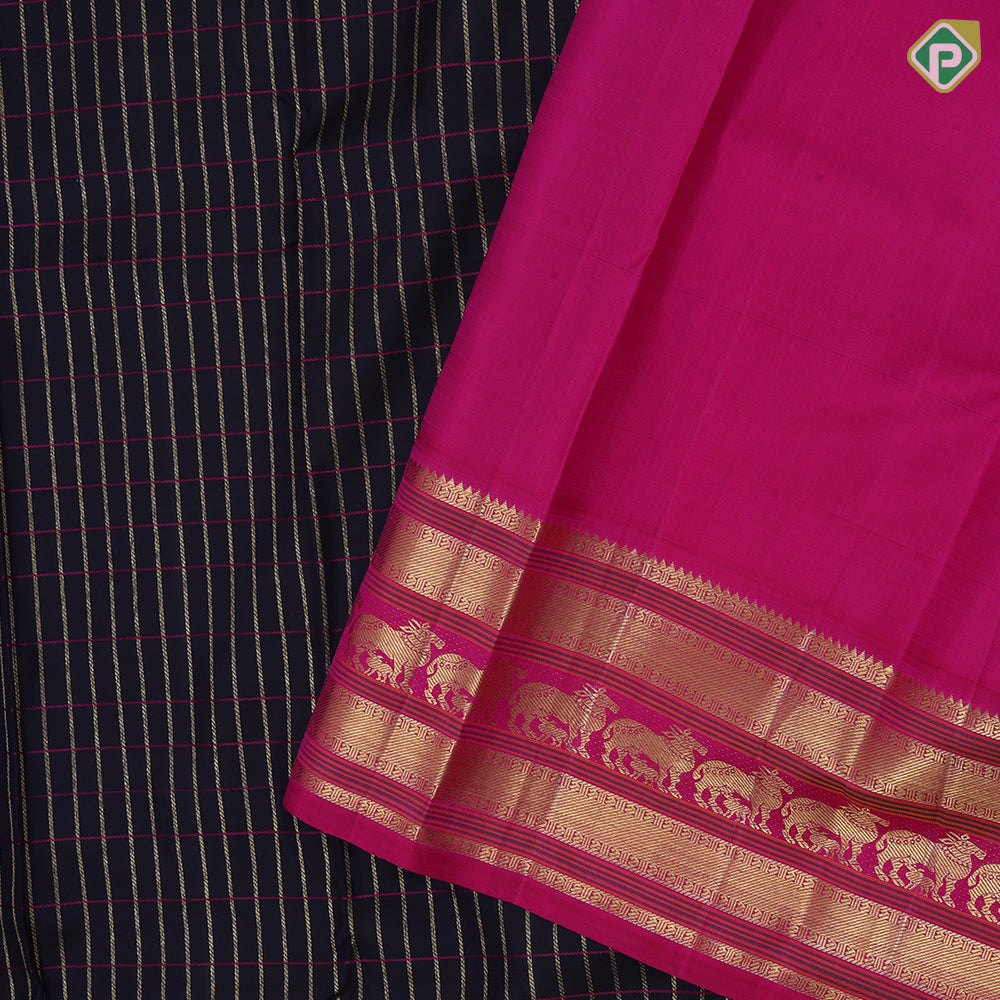 Navy Blue Gold Zari Checked Design Rani Pink Nandhi Border Design Traditional Silk Saree