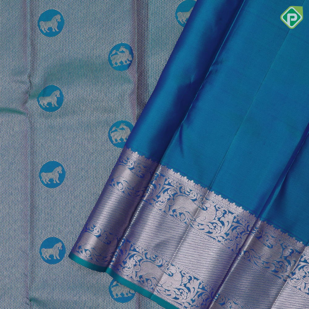 Peacock green silver gold zari honey comp weave self silver gold zari yaali rettapet border traditional silk saree