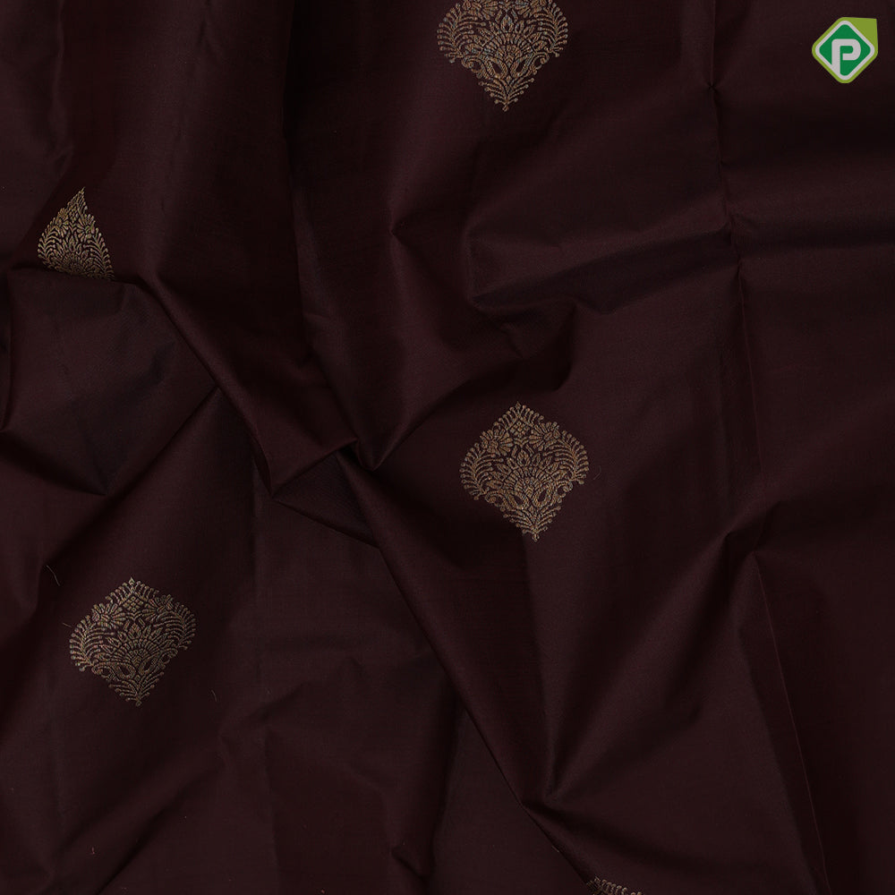 brown gold zari leaf butta motif self gold zari peacock banaras style design edge border gift silk saree