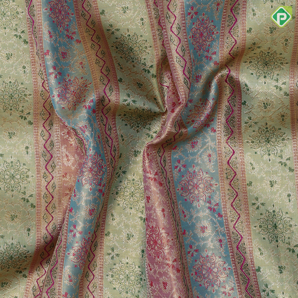 golden base multi colour self meena work pillars pink gold zari green edge border Exclusive bridal silk saree