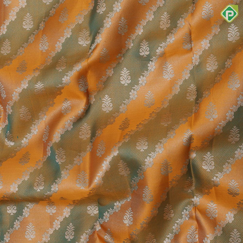 Golden yellow base silver gold zari grand floral creeper design sea green silver gold zari mango border Rangkat silk saree