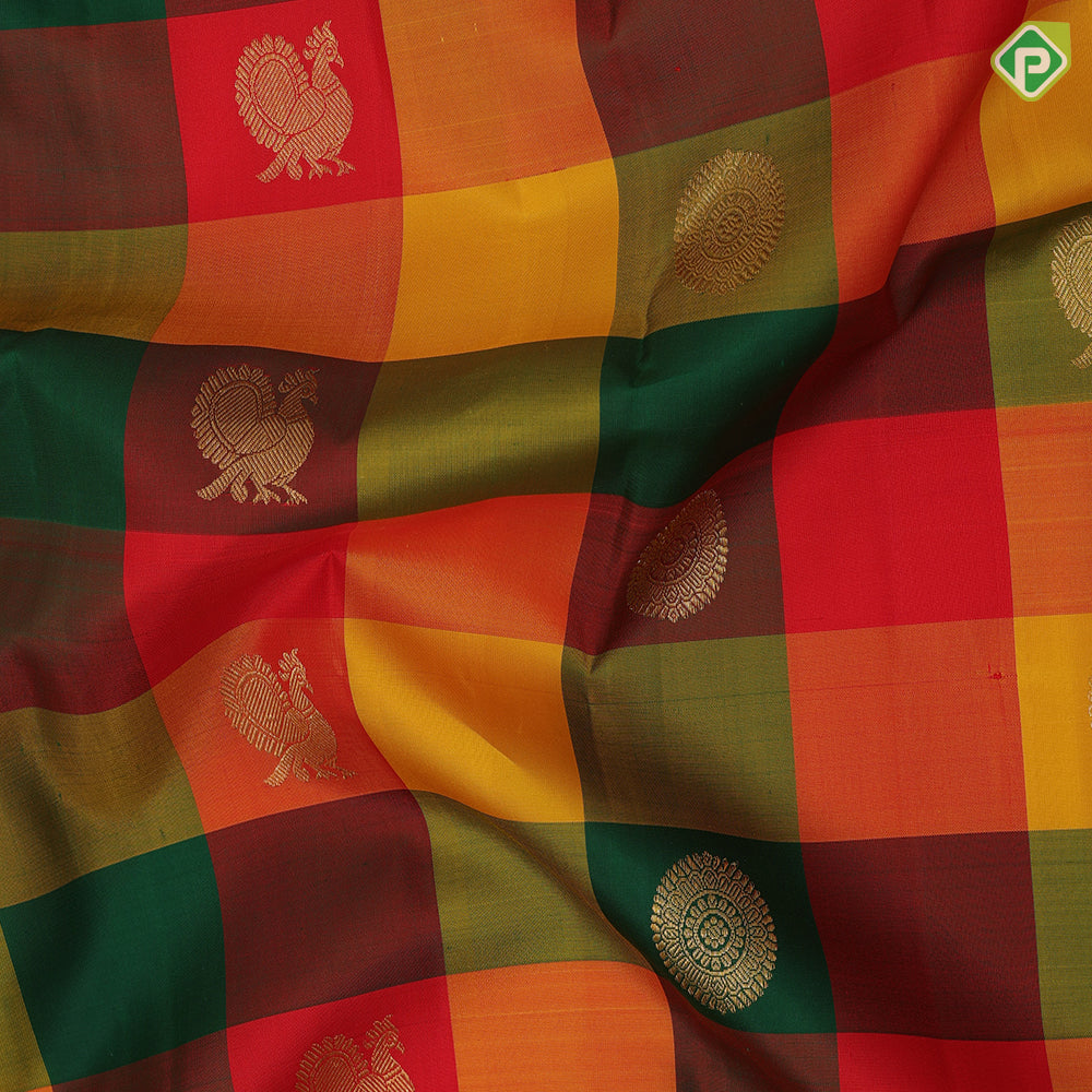 Multi color paalum pazhamum checks gold zari butta self gold zari edge border traditional silk saree