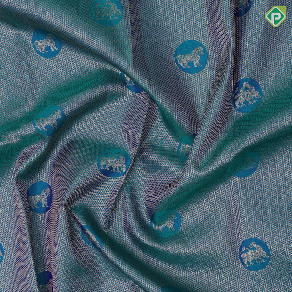 Peacock green silver gold zari honey comp weave self silver gold zari yaali rettapet border traditional silk saree
