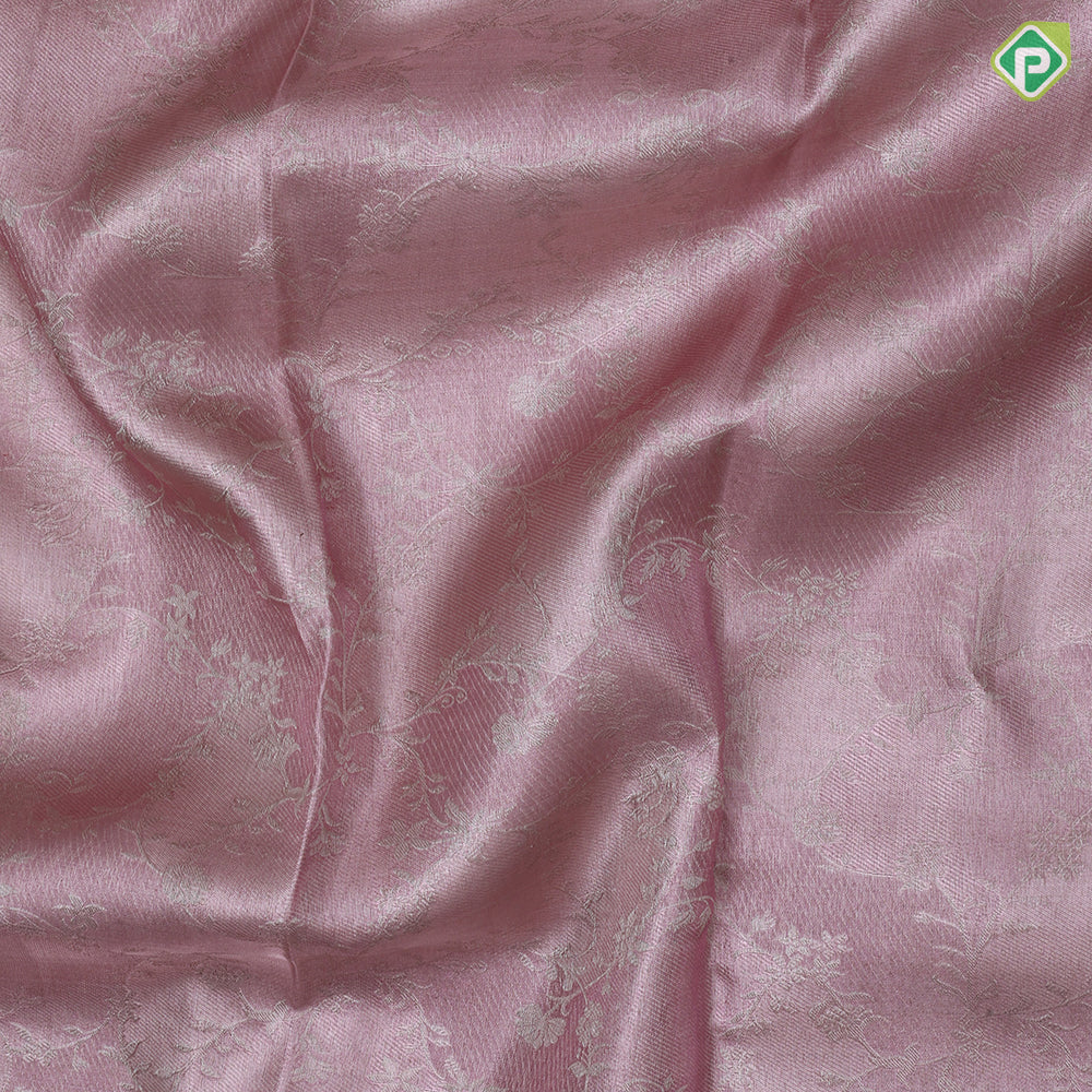 Pastel pink silver zari grand floral creeper design self silver zari diamond border tissue silk saree