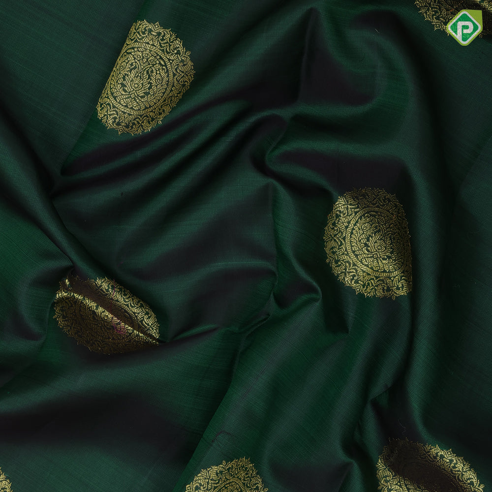 Bottle Green Gold Zari Thambulam Butta Design Pink Elephant Ruthracham Border Design Traditional Silk Saree