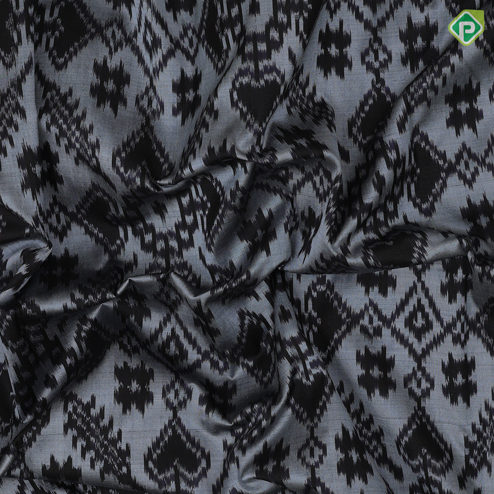 silver grey base black ikkat design black plain border ikkat design silk saree