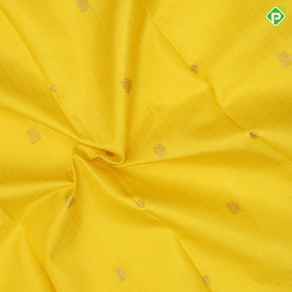 yellow base gold zari checked annam chakkaram butta contrast pink gold zari meena work lines border traditional silk saree