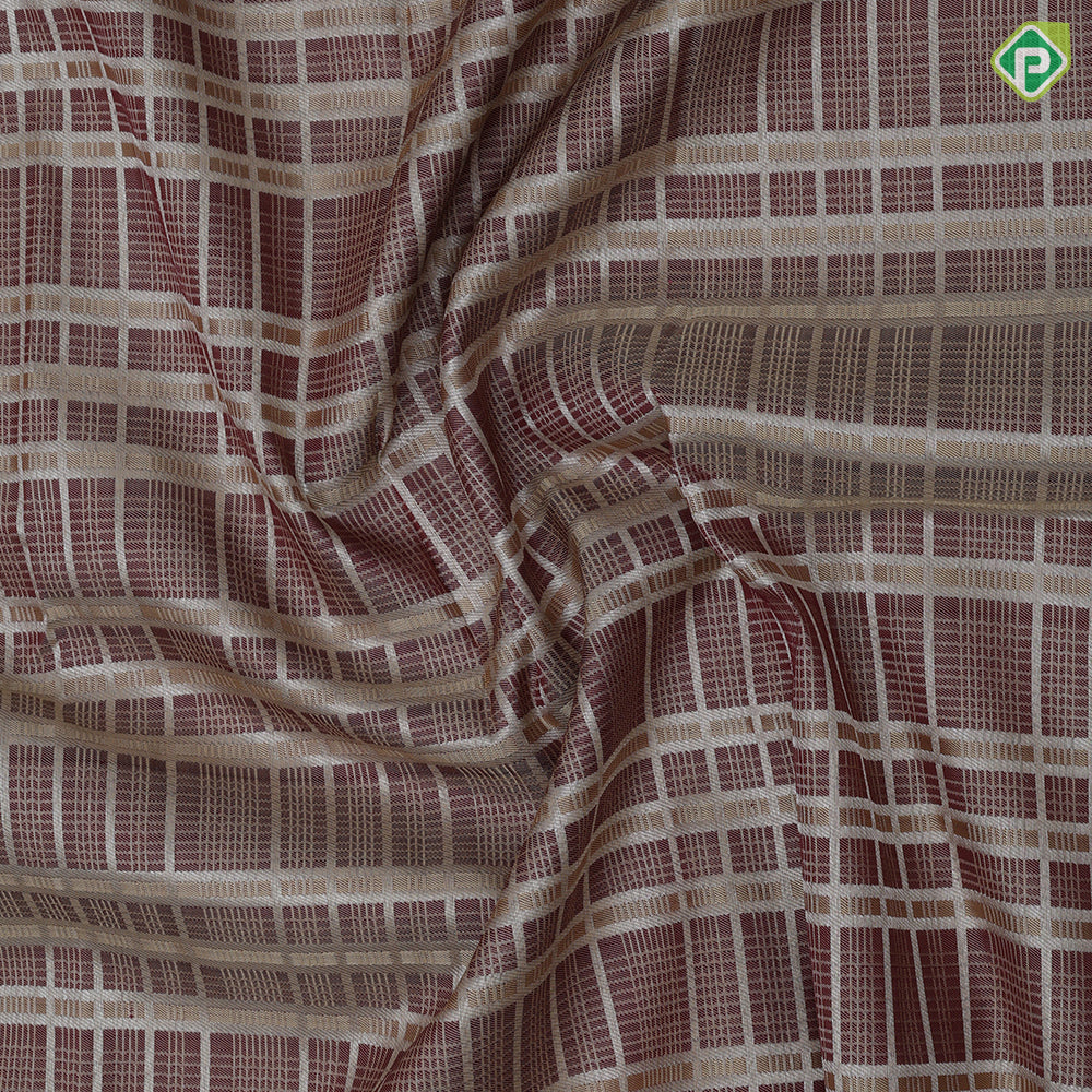 brown with beige silver zari checks window panel brick orange arch and floral design border trendy designer silk saree