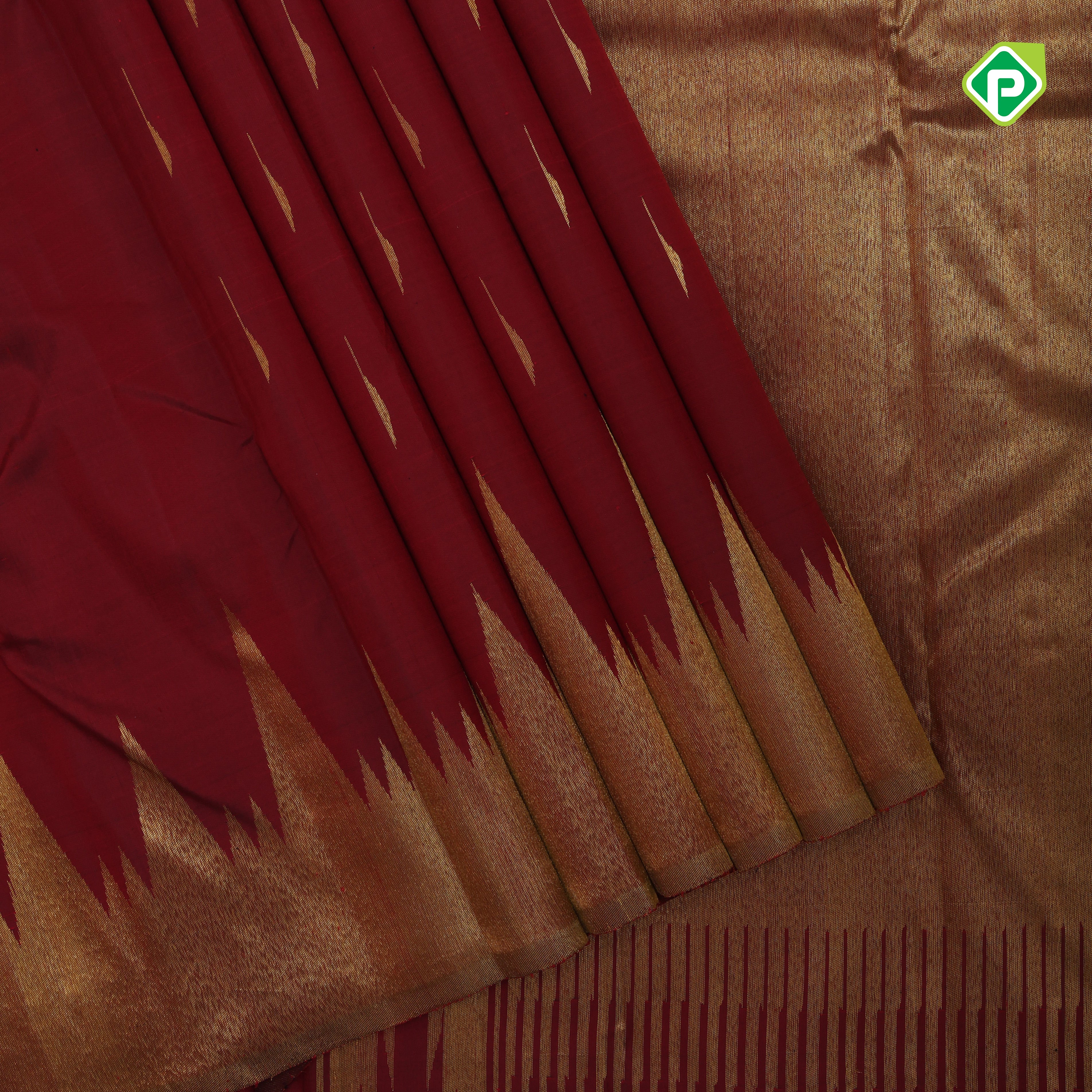 maroon red gold zari rain drop butta design self gold zari temple border trendy designer silk saree