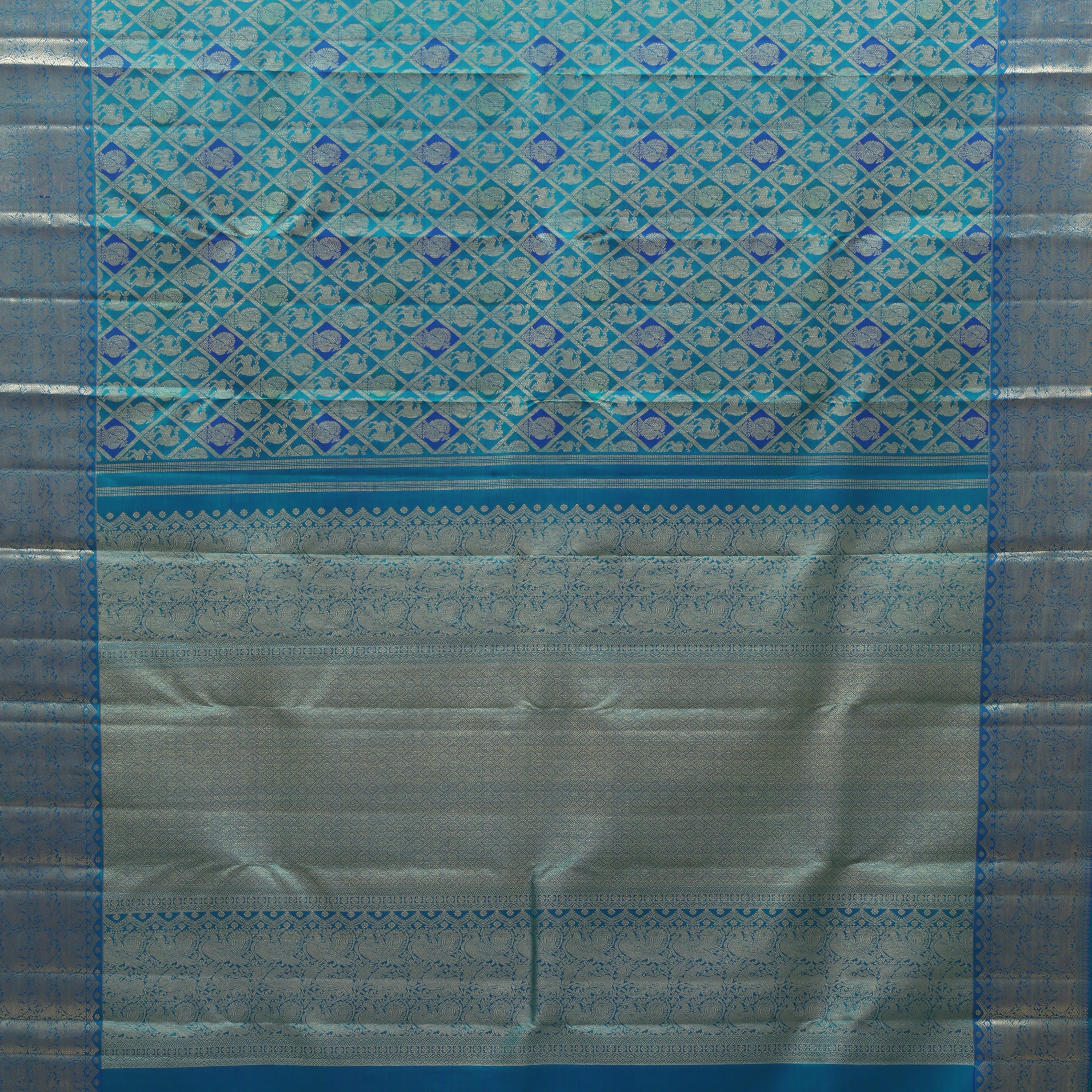 Peacok green blue combo gold zari annam and yaali butta self gold zari annam yaali butta border Grand bridal silk saree