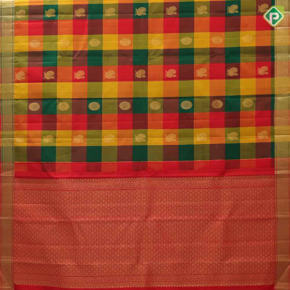 Multi color paalum pazhamum checks gold zari butta self gold zari edge border traditional silk saree