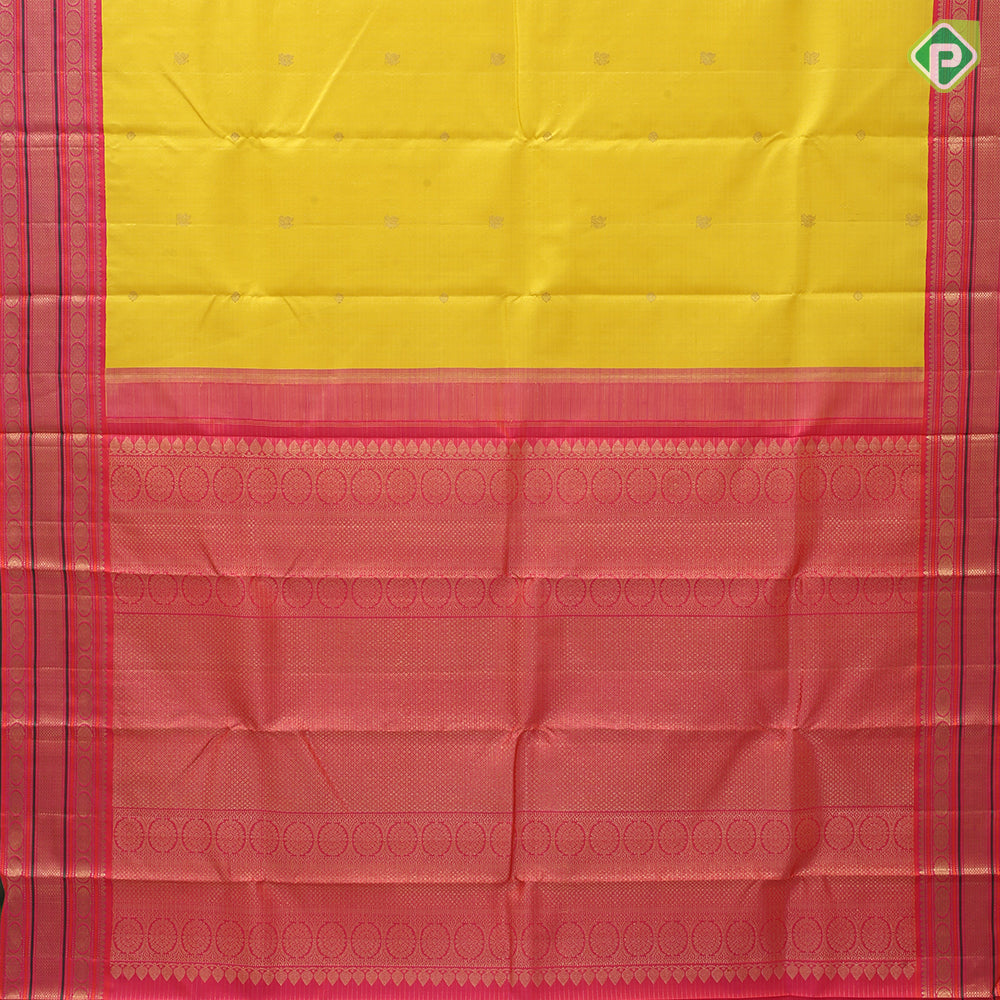 yellow base gold zari checked annam chakkaram butta contrast pink gold zari meena work lines border traditional silk saree