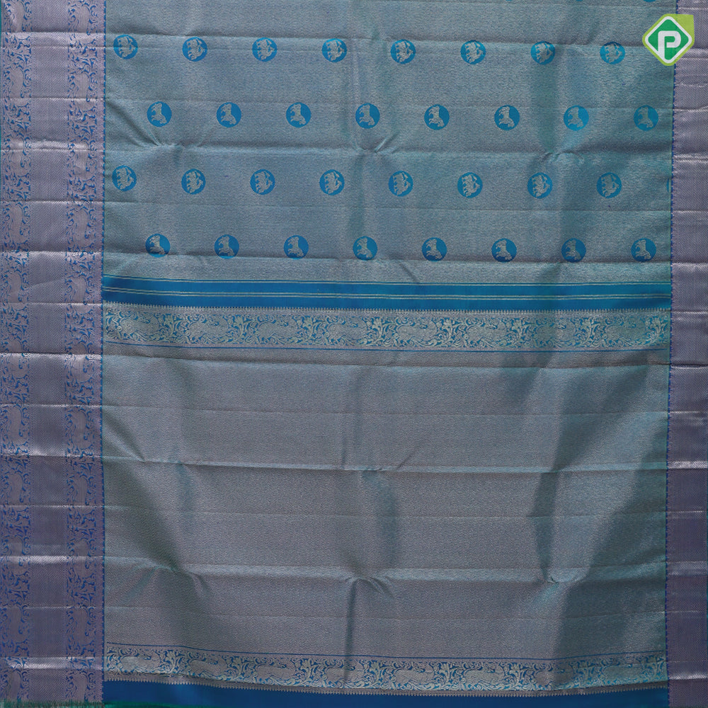 Peacock green silver gold zari honey comp weave self silver gold zari yaali rettapet border traditional silk saree